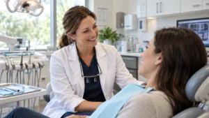 Female dentist smiling and speaking with a patient in a modern dental clinic, providing attentive, personalized care.