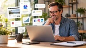 Small business owner working on a laptop with digital elements representing online search, business listings, customer reviews, and social media.