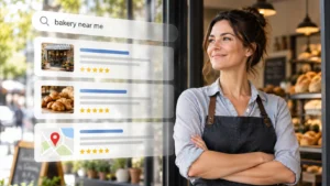 Small business owner standing outside her bakery with digital search results representing online visibility, customer reviews, and local business discovery.